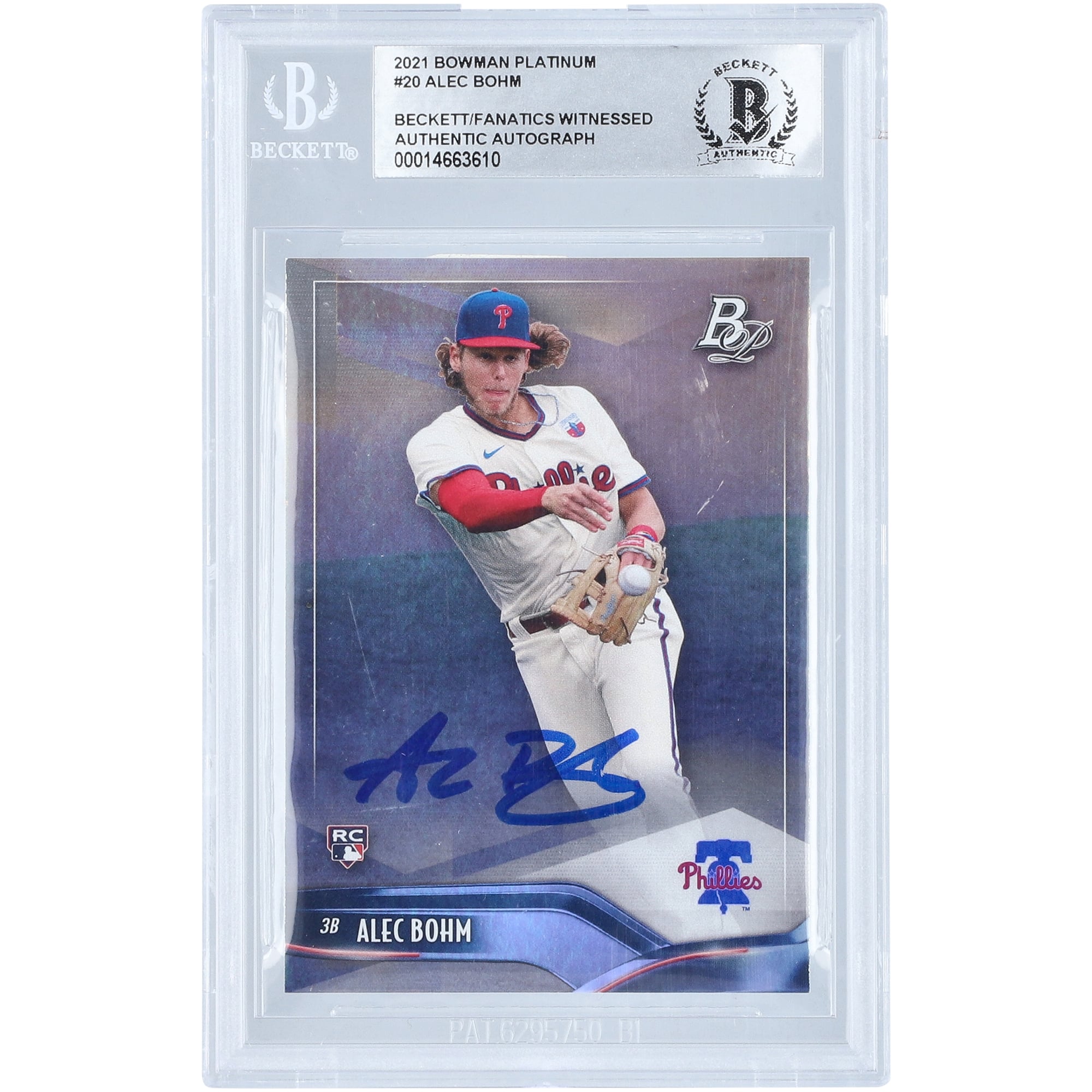 Alec Bohm Philadelphia Phillies Autographed 2021 Bowman Platinum #20 Beckett Fanatics Witnessed Authenticated Rookie Card. rookie card picture