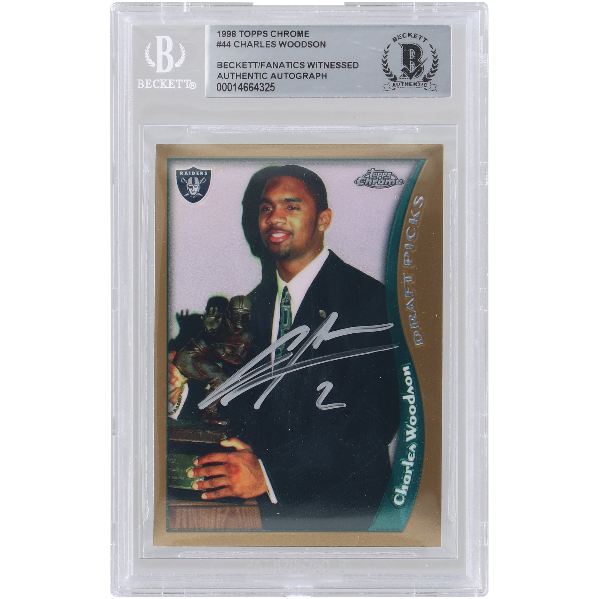 Charles Woodson Oakland Raiders Autographed 1998 Topps Chrome #44 Beckett Fanatics Witnessed Authenticated Rookie Card. rookie card picture