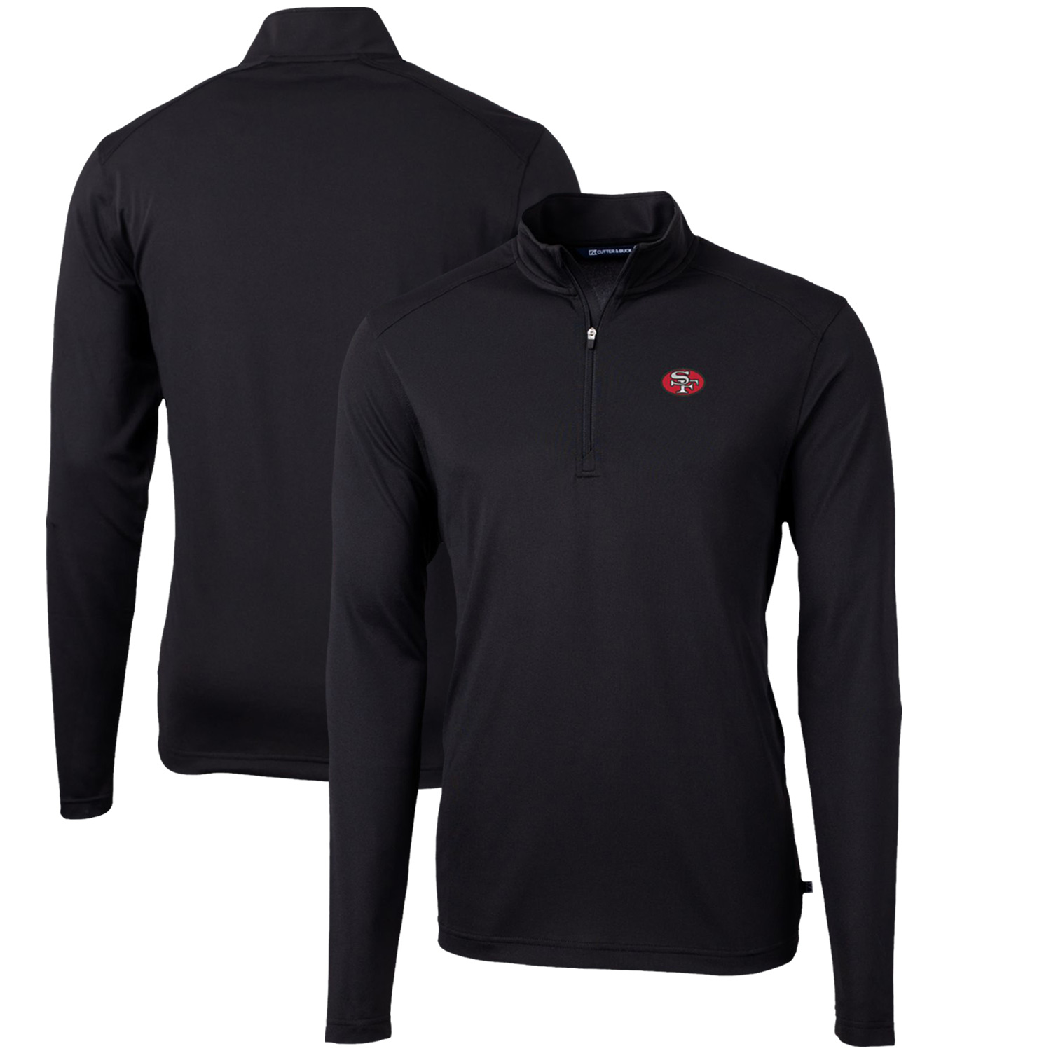 Men’s Cutter & Buck Black San Francisco 49ers Throwback Logo Virtue Eco Pique Recycled Quarter-Zip Pullover Top Men’s Cutter & Buck Black San Francisco 49ers Throwback Logo Virtue Eco Pique Recycled Quarter-Zip Pullover Top