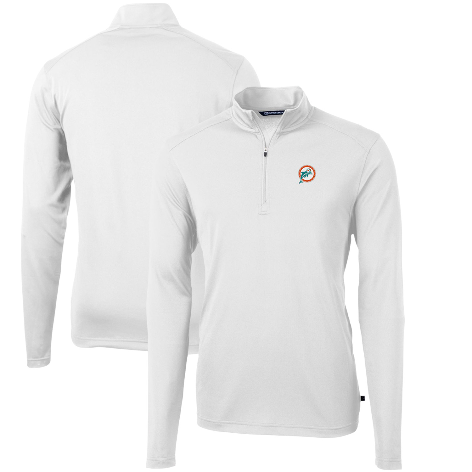 Men's Cutter & Buck White Miami Dolphins Throwback Logo Virtue Eco Pique Recycled Quarter-Zip Pullover Top