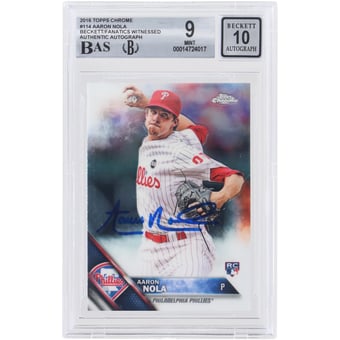 Aaron Nola Philadelphia Phillies Autographed 2016 Topps Chrome MLB #114 Beckett Fanatics Witnessed Authenticated 9/10 Rookie Card