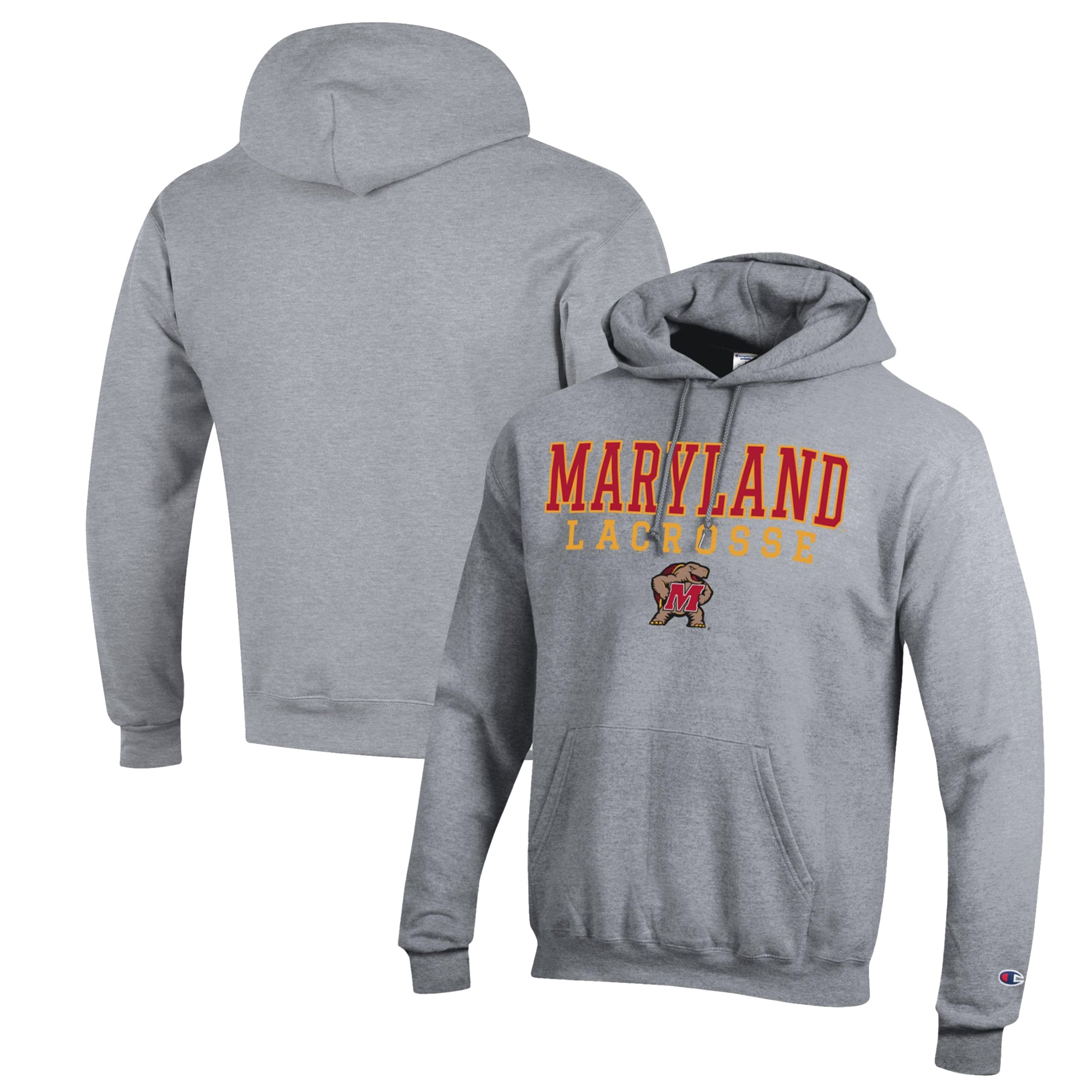 Men's Champion Heather Gray Maryland Terrapins Stack Logo Lacrosse Powerblend Pullover Hoodie