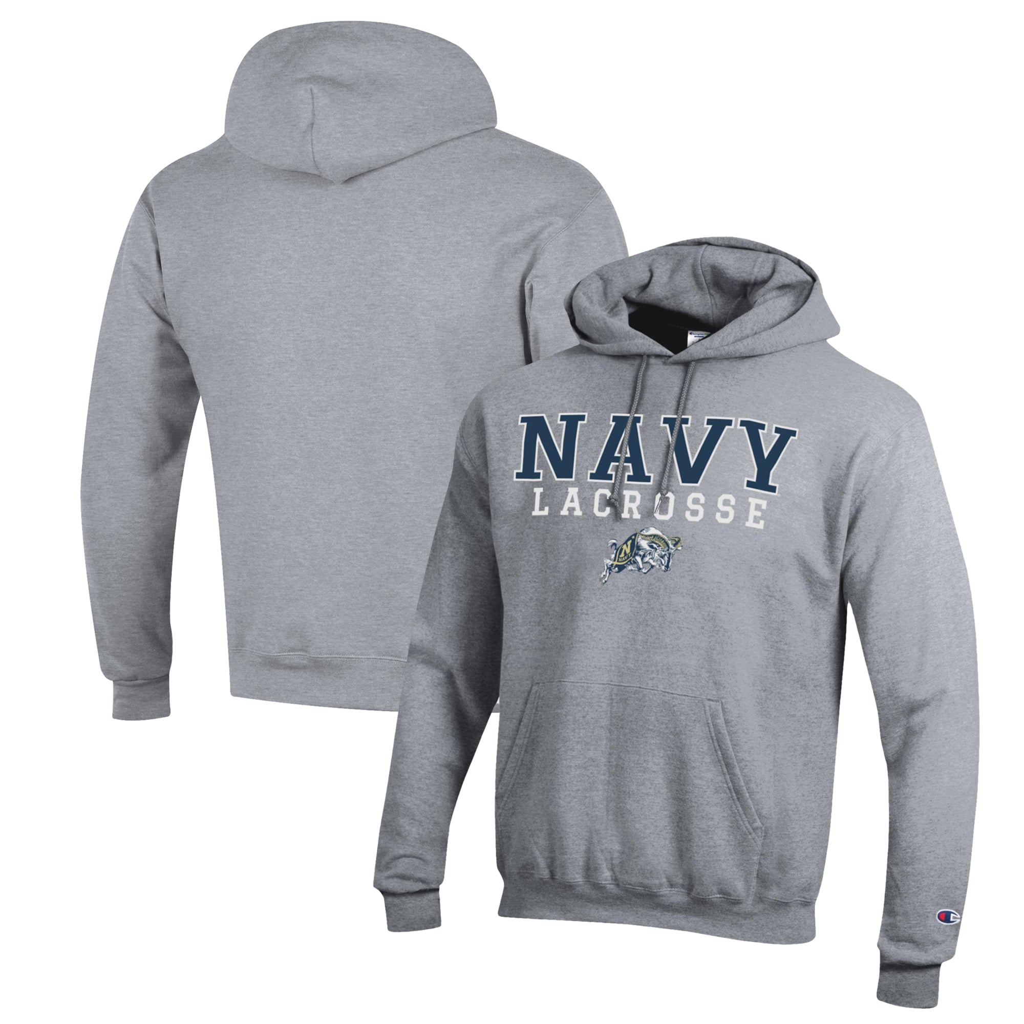 Men's Champion Heather Gray Navy Midshipmen Stack Logo Lacrosse Powerblend Pullover Hoodie