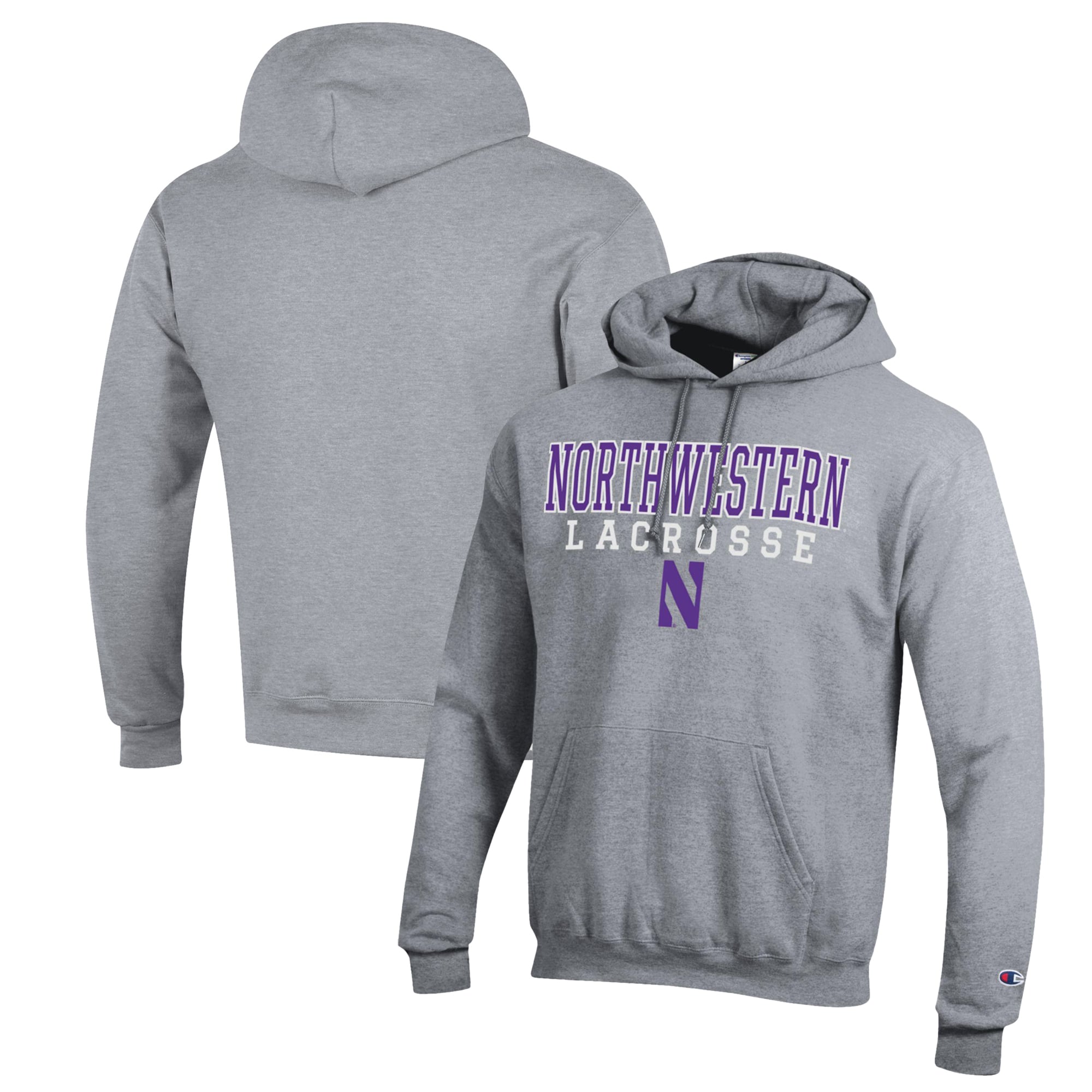 Men's Champion Heather Gray Northwestern Wildcats Stack Logo Lacrosse Powerblend Pullover Hoodie
