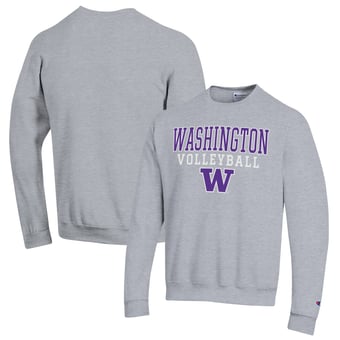 Men's Champion Heather Gray Washington Huskies Stack Logo Volleyball Powerblend Pullover Sweatshirt