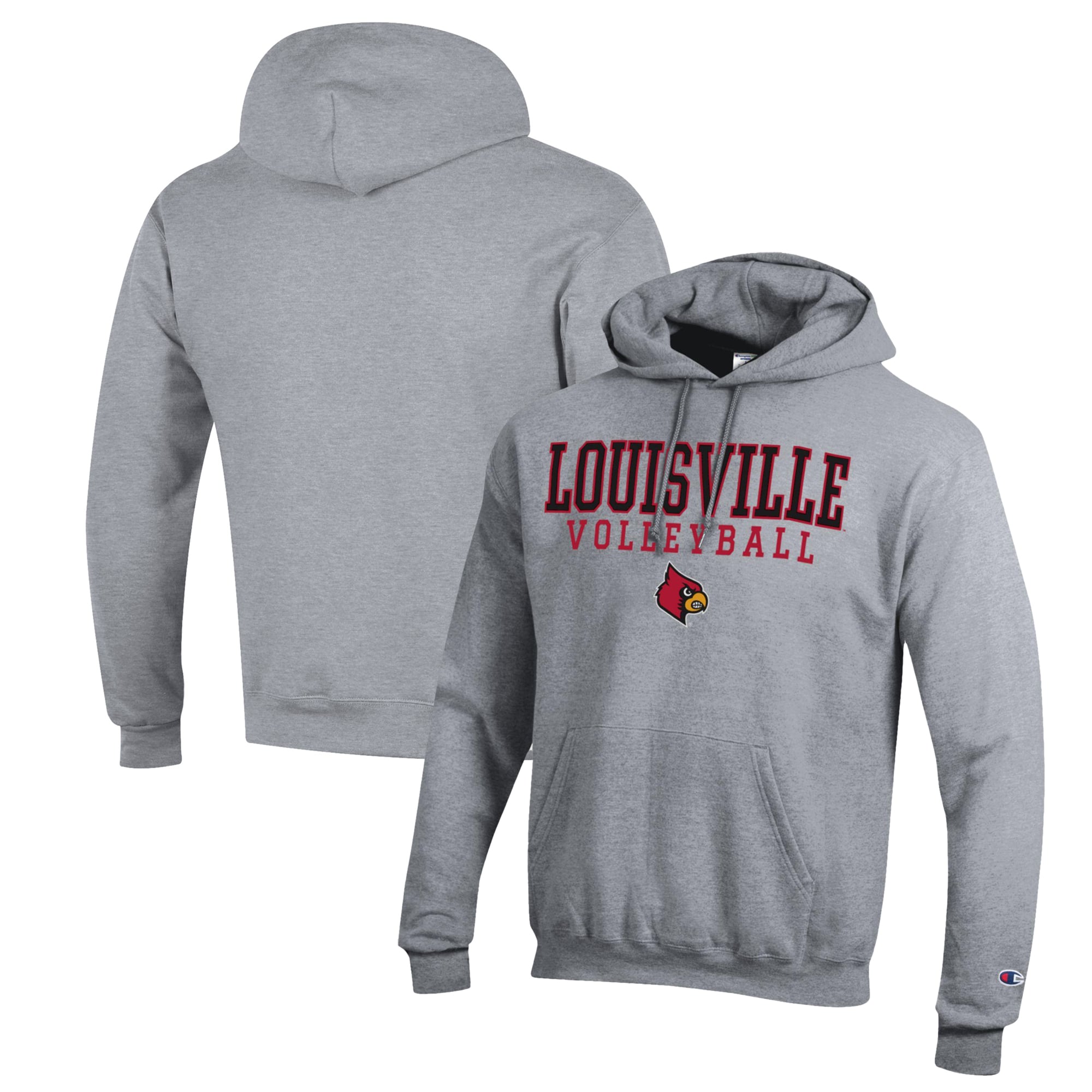 Men's Champion Heather Gray Louisville Cardinals Stack Logo Volleyball Powerblend Pullover Hoodie