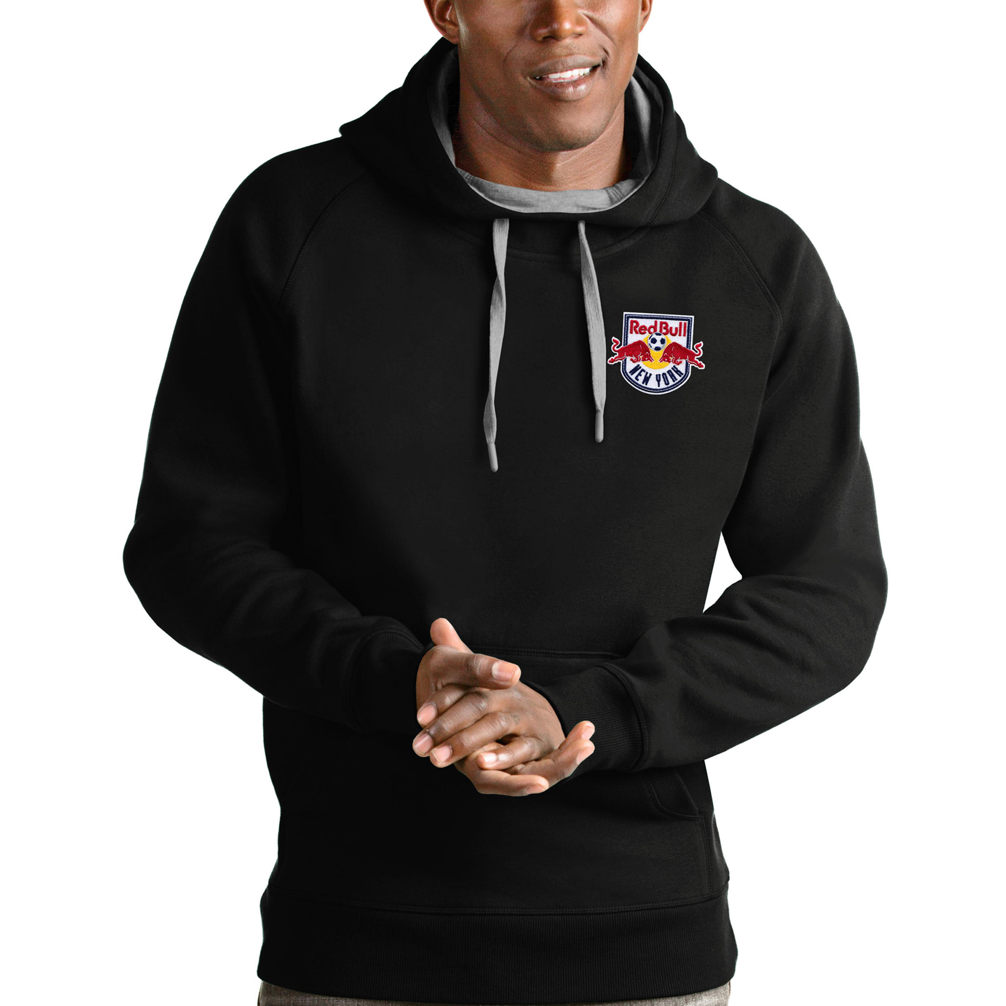 Men’s Antigua Black New York Red Bulls Logo Victory Pullover Hoodie Men’s Antigua Black New York Red Bulls Logo Victory Pullover Hoodie