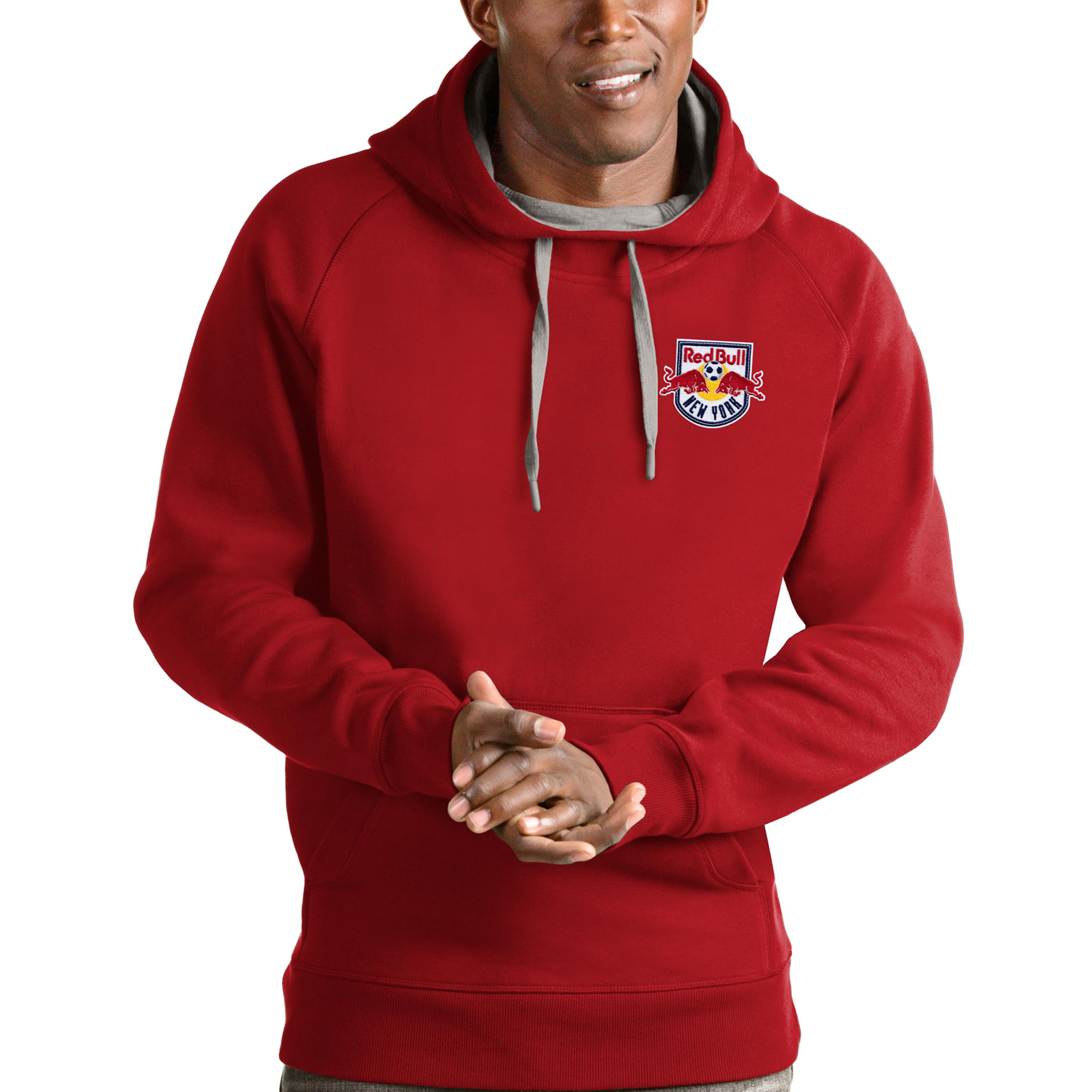Men’s Antigua Red New York Red Bulls Logo Victory Pullover Hoodie Men’s Antigua Red New York Red Bulls Logo Victory Pullover Hoodie