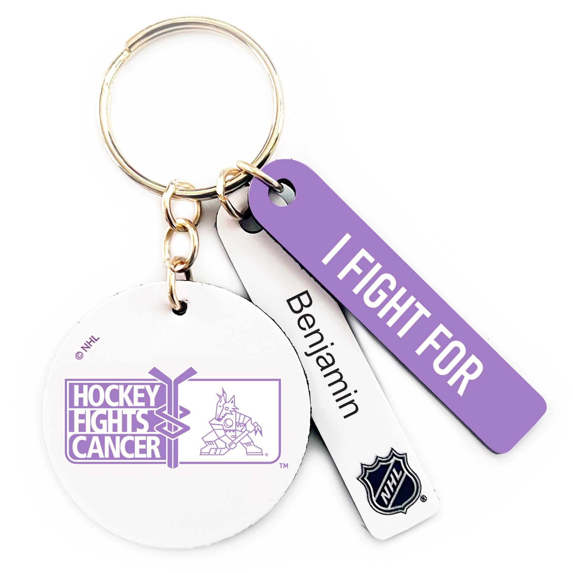 White Arizona Coyotes Hockey Fights Cancer Personalized Ribbon Keychain