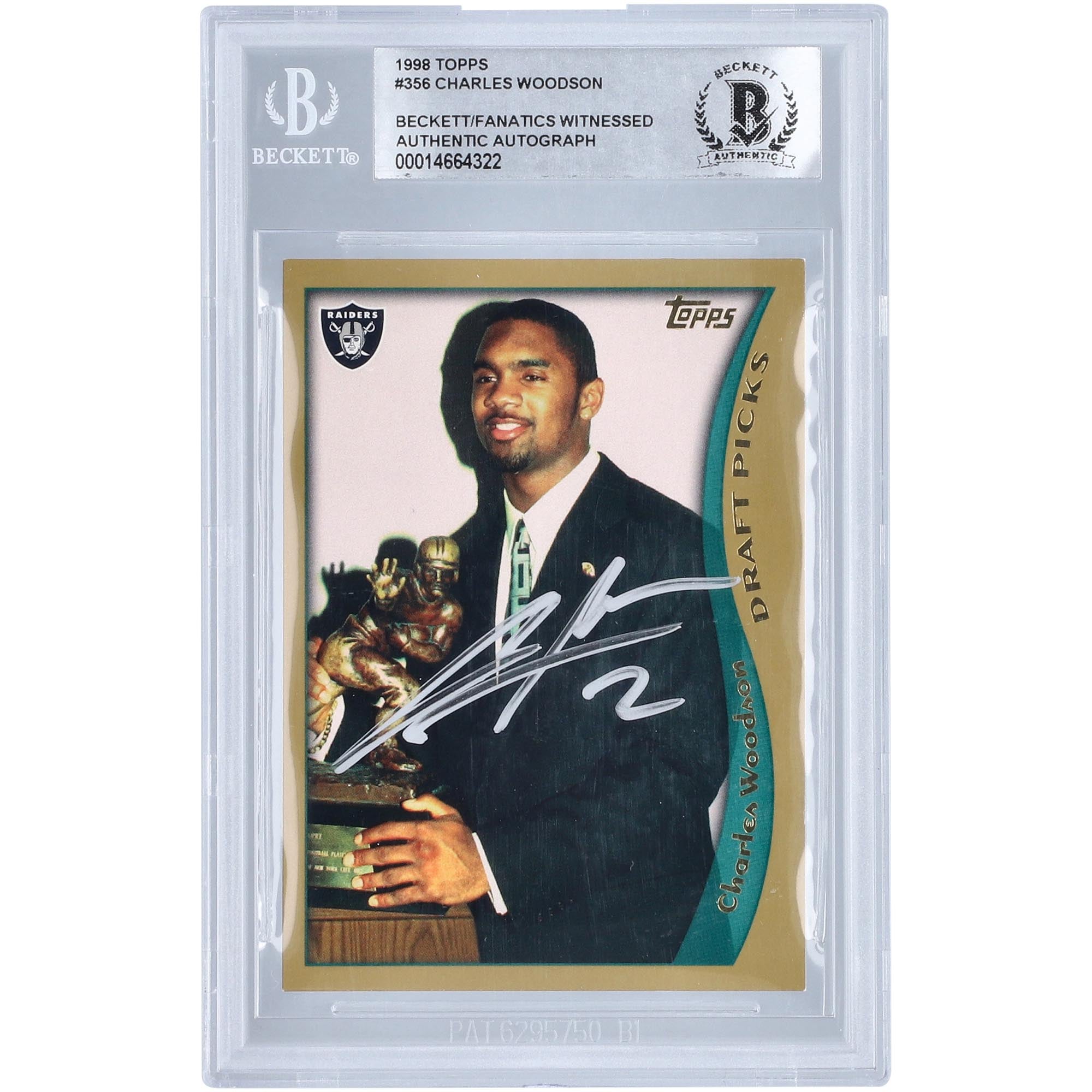 Charles Woodson Oakland Raiders autografato 1998 Topps #356 Beckett Fanatics testimone della carta Rookie autenticata