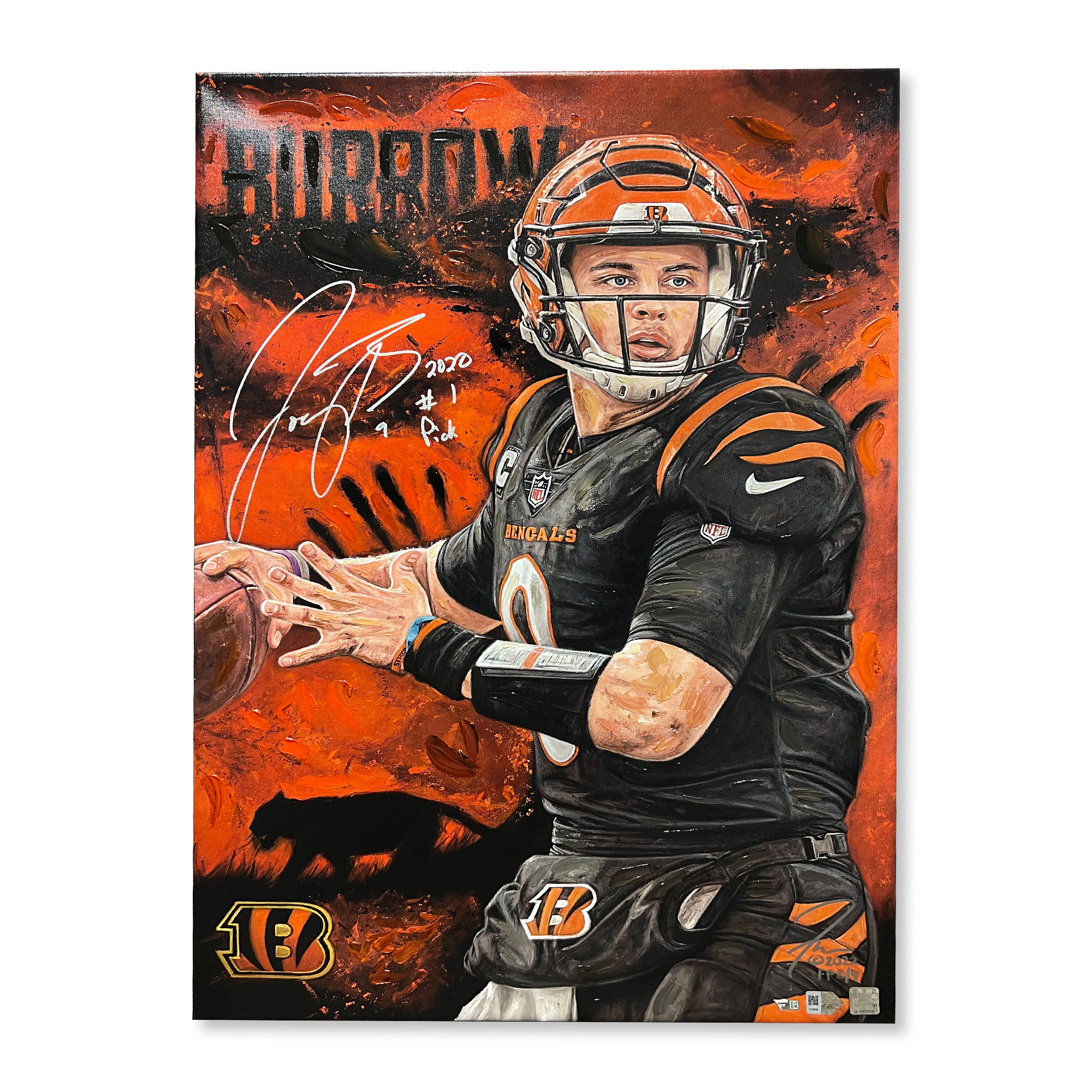 Joe Burrow Cincinnati Bengals Autographed Stretched 24" x 36" Embellished Canvas Giclee Print with "#1 Pick" Inscription - Art by Justyn Farano - Limited Edition of 9