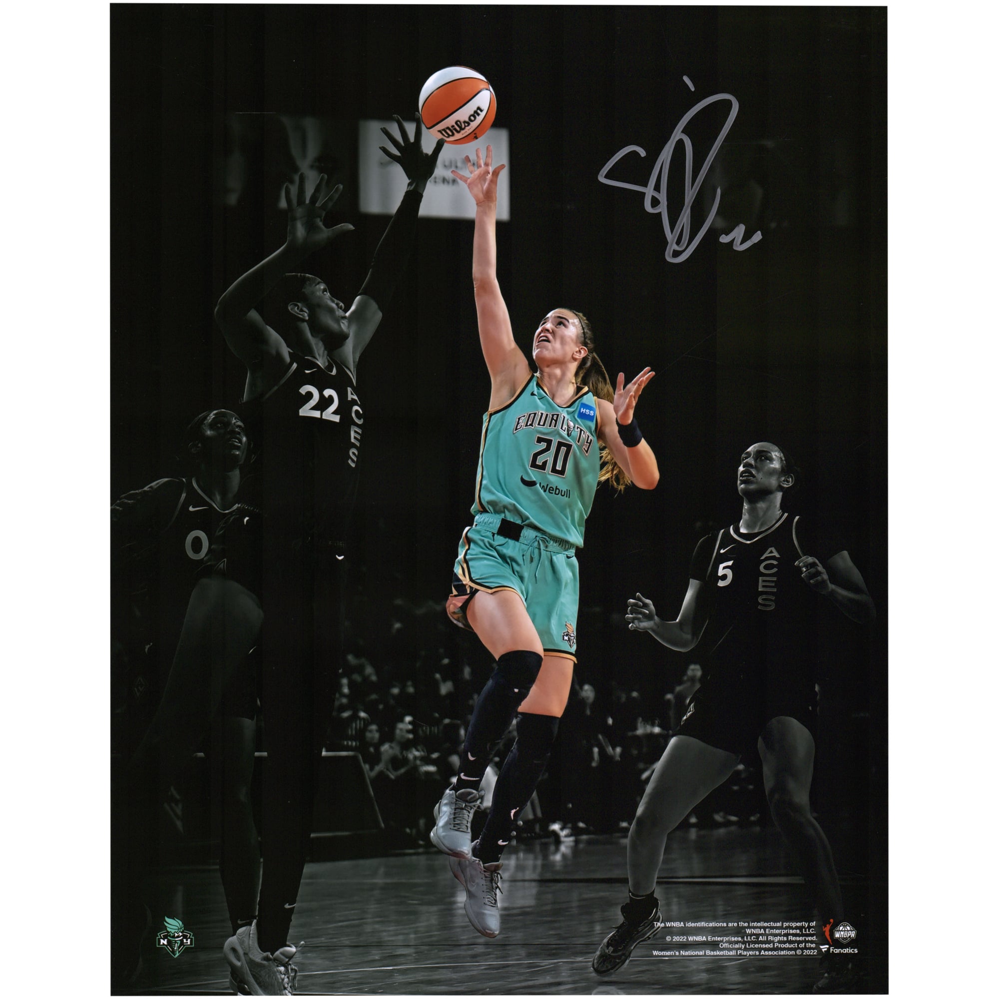 Fotografía autografiada de Sabrina Ionescu, New York Liberty, 11 x 14 pulgadas, Spotlight versus Las Vegas Aces