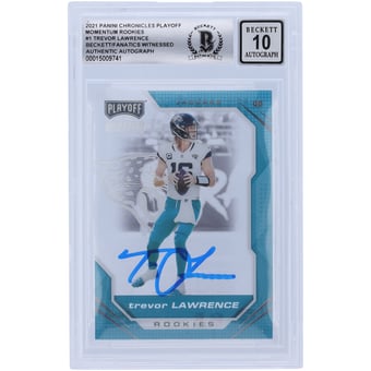 Trevor Lawrence Jacksonville Jaguars Autographed 2021 Panini Chronicles Playoff Momentum #PMR-1 Beckett Fanatics Witnessed Authenticated 10 Rookie Card