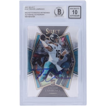 Trevor Lawrence Jacksonville Jaguars Autographed 2021 Panini Select Premier Level #143 Beckett Fanatics Witnessed Authenticated 10 Rookie Card