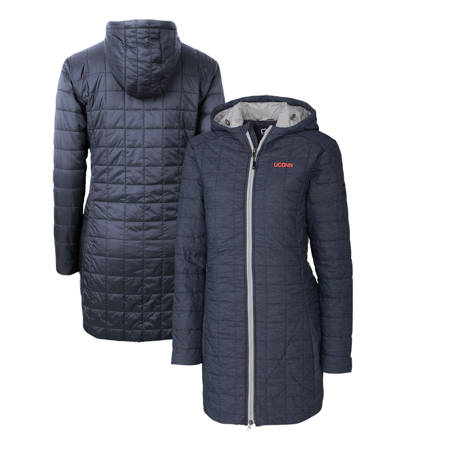 Women's Cutter & Buck Heather Navy UConn Huskies Rainier Primaloft Eco Hooded Long Coat