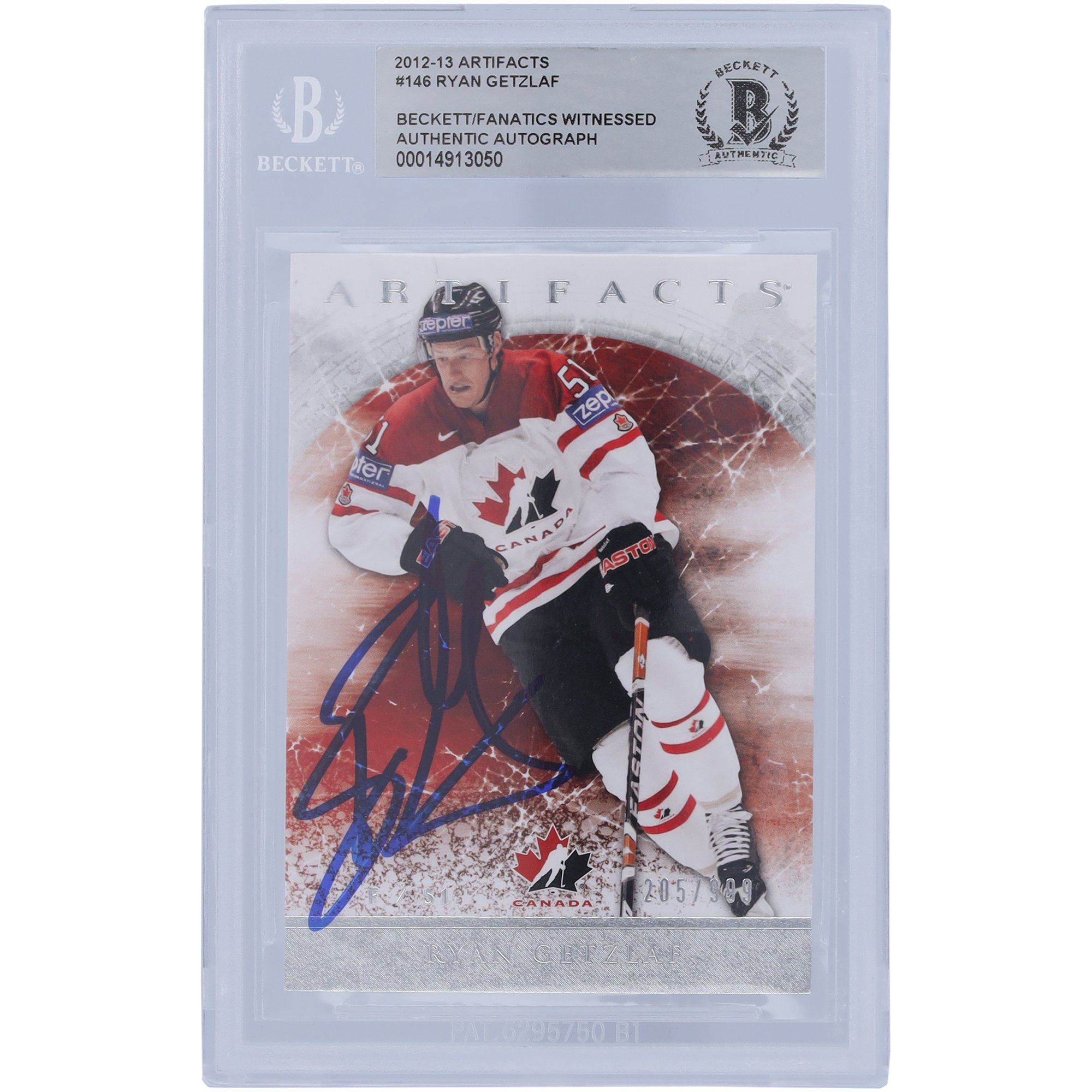 Ryan Getzlaf Team Canada autografato 2012-13 Upper Deck Artifacts #146 #205/999 Beckett Fanatics testimoniato carta autenticata