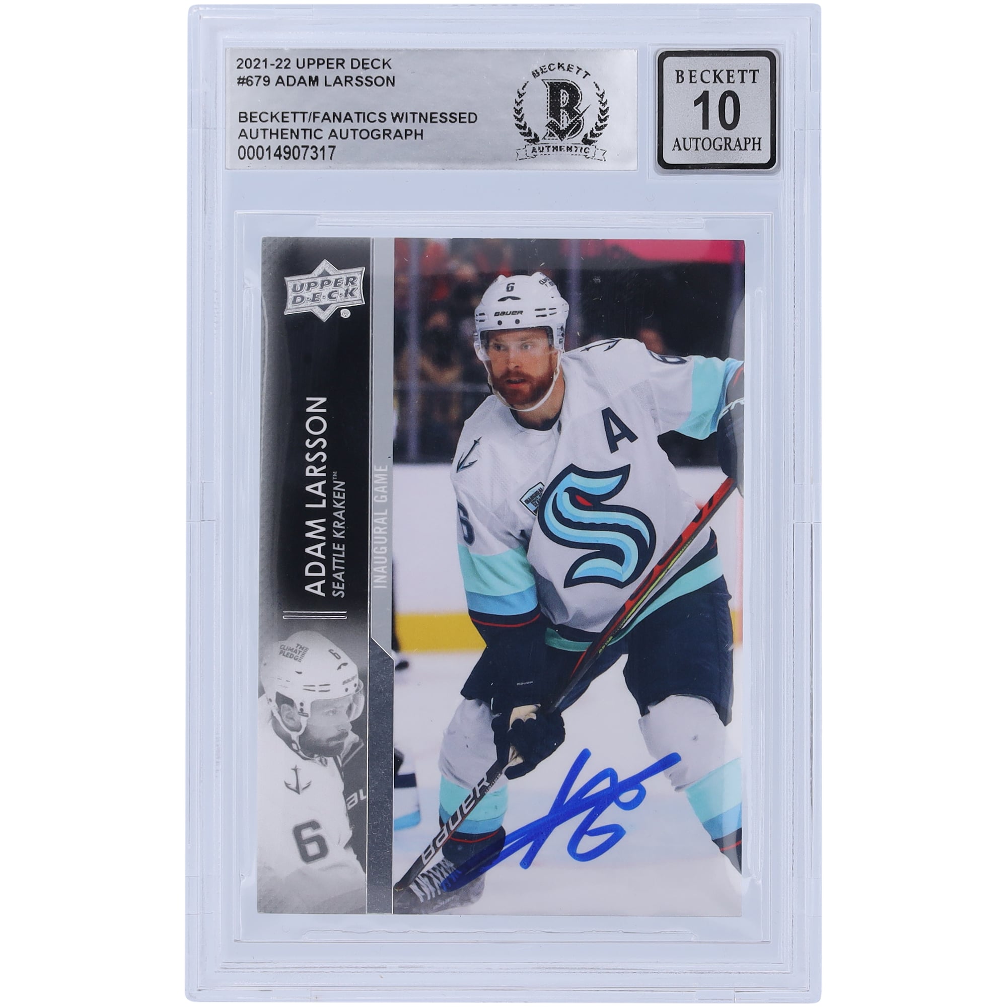 Adam Larsson Seattle Kraken Autographed 2021-22 Upper Deck Extended Series #679 Beckett Fanatics Witnessed Authenticated 10 Card Adam Larsson Seattle Kraken Autographed 2021-22 Upper Deck Extended Series #679 Beckett Fanatics Witnessed Authenticated 10 Card