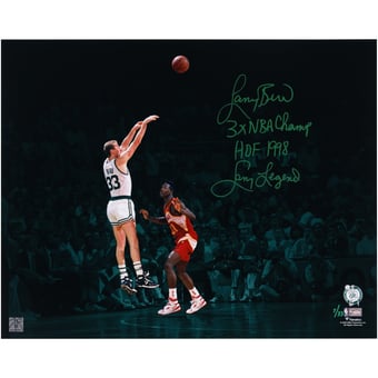 Larry Bird Boston Celtics Autographed 16" x 20" Shot Over Wilkins Green Spotlight Photograph with Multiple Inscriptions - Limited Edition of 33