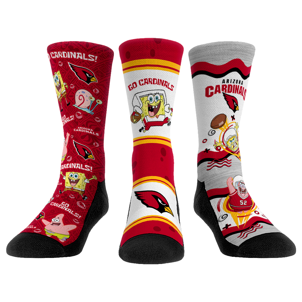 Unisex Rock Em Arizona Cardinals x Nickelodeon Spongebob Squarepants 3-Pack Crew Socks Set