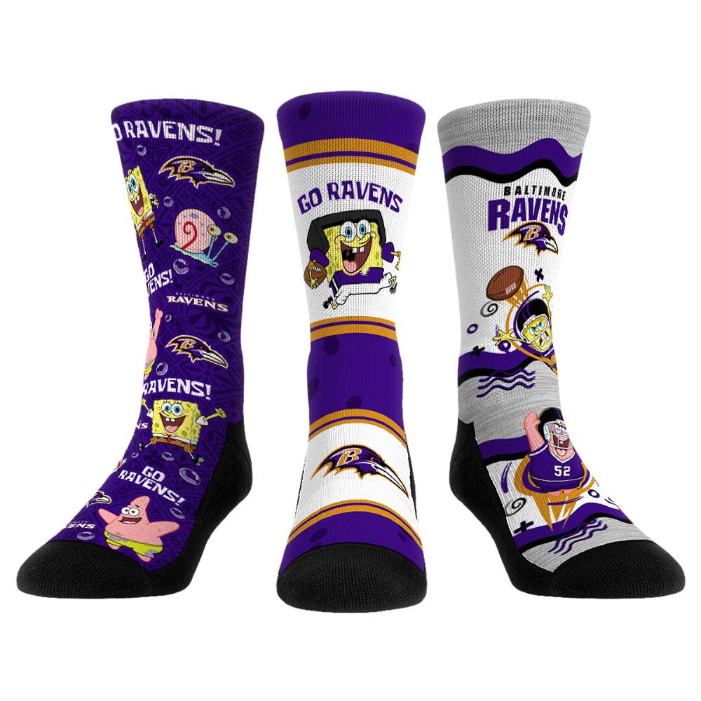 Unisex Rock Em Baltimore Ravens x Nickelodeon Spongebob Squarepants 3-Pack Crew Socks Set