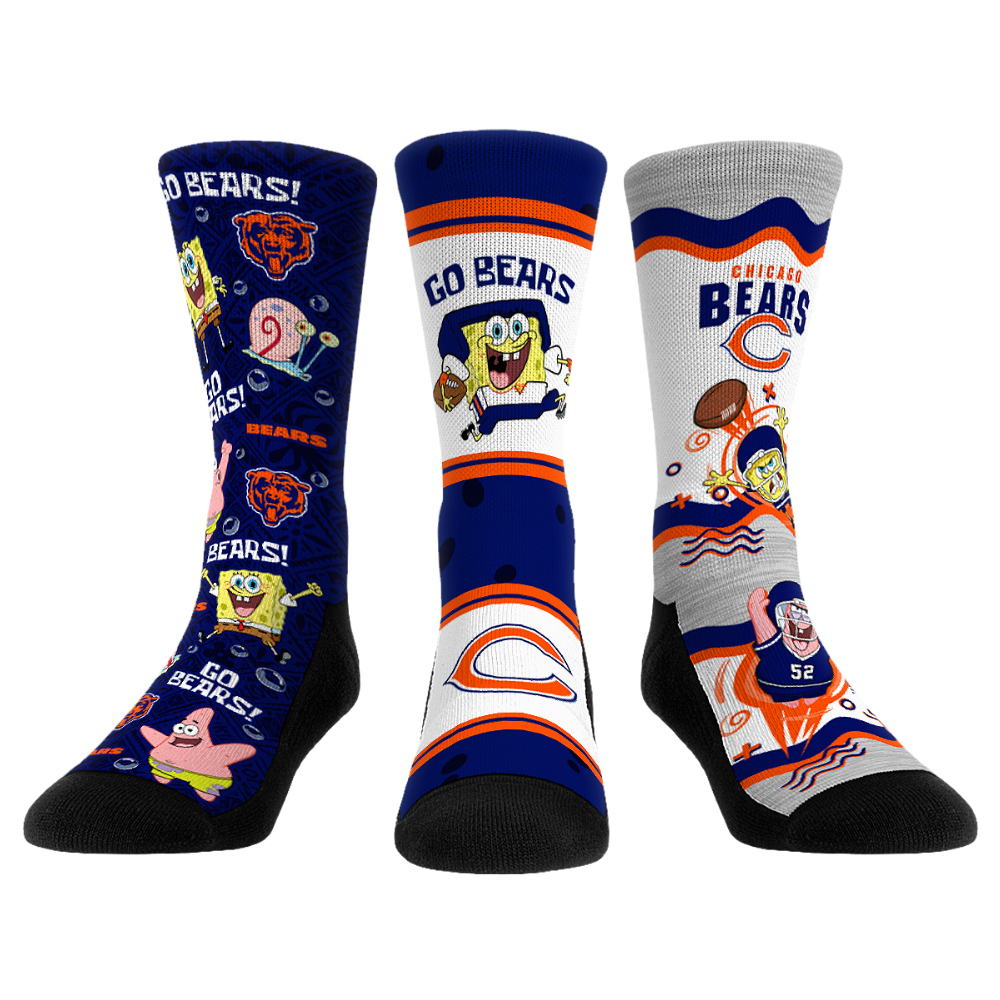 Unisex Rock Em Chicago Bears x Nickelodeon Spongebob Squarepants 3-Pack Crew Socks Set