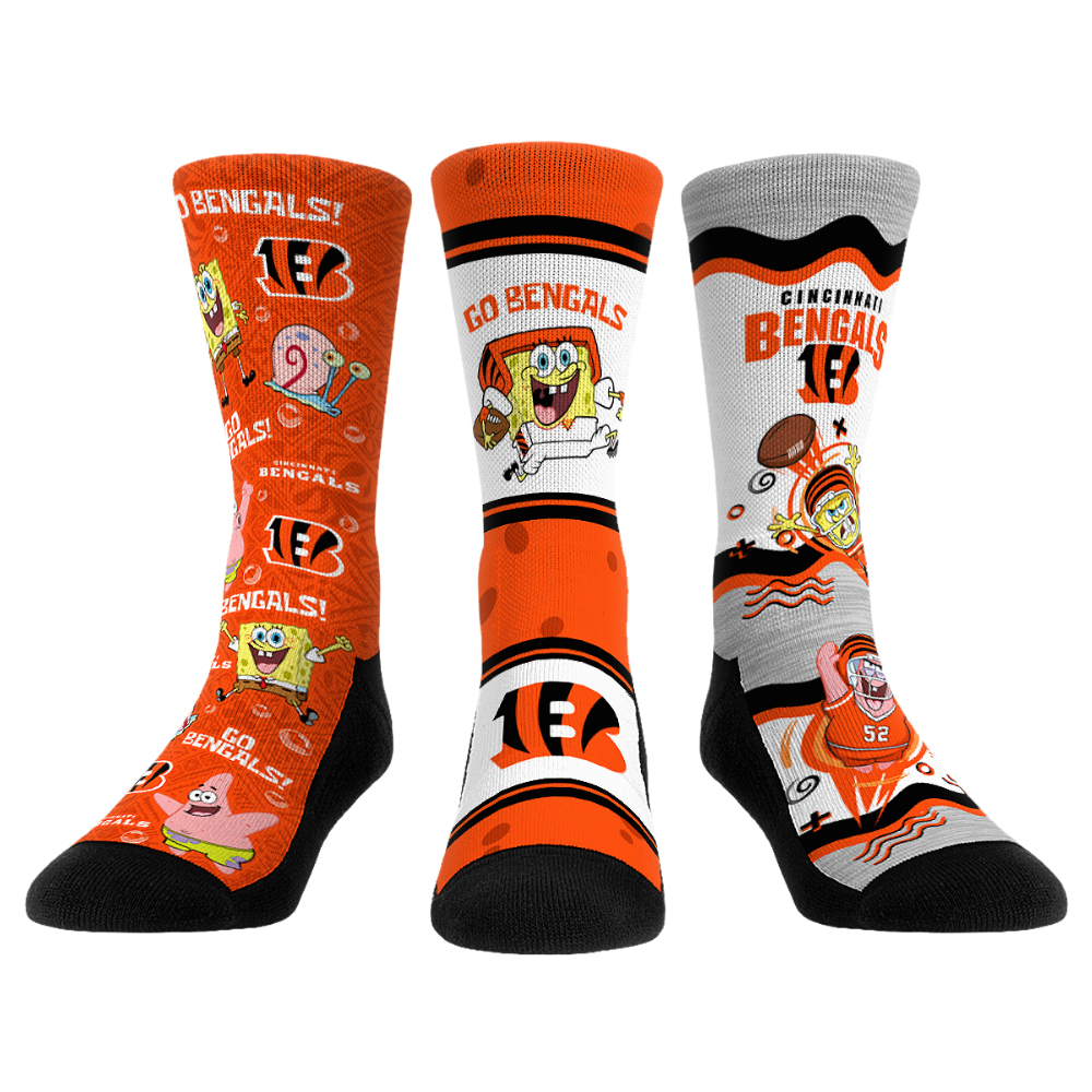 Unisex Rock Em Cincinnati Bengals x Nickelodeon Spongebob Squarepants 3-Pack Crew Socks Set