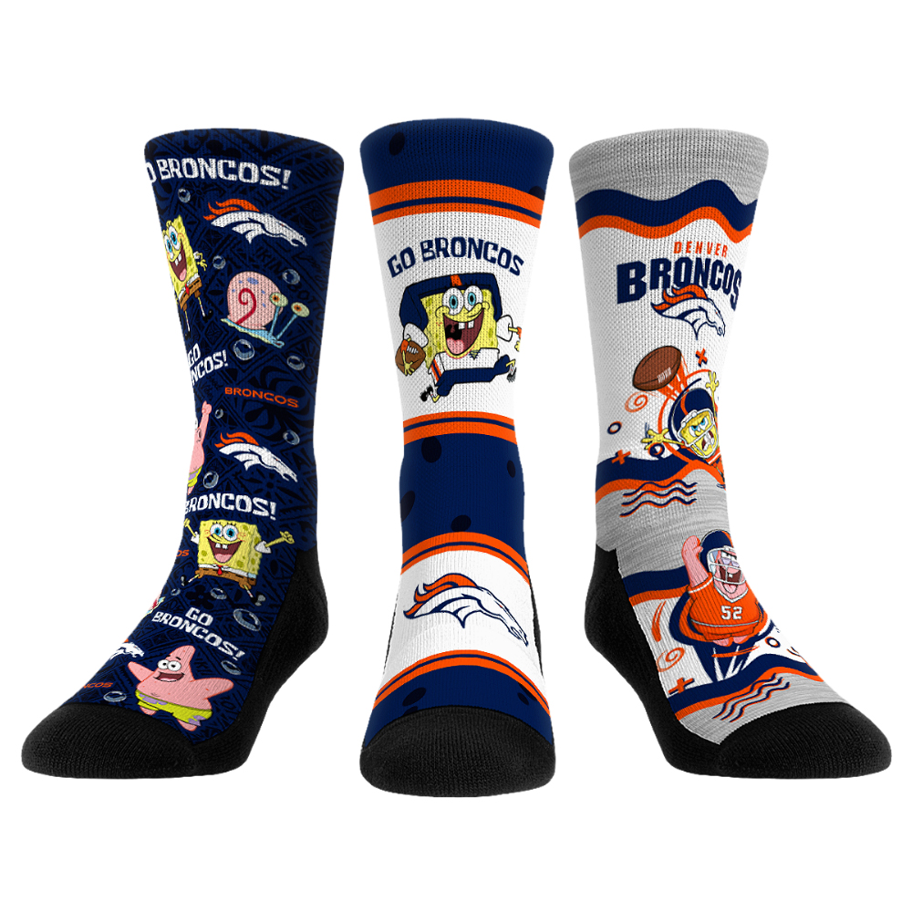 Unisex Rock Em Denver Broncos x Nickelodeon Spongebob Squarepants 3-Pack Crew Socks Set