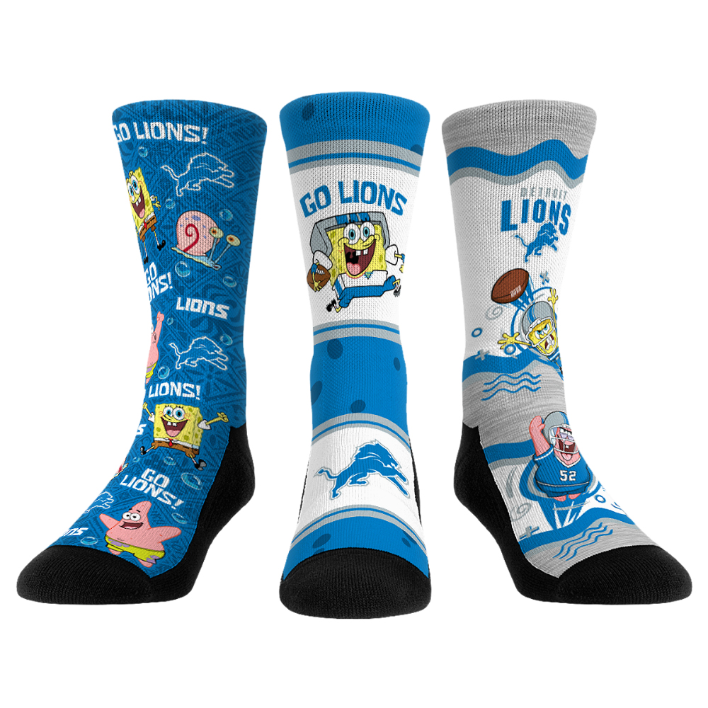 Unisex Rock Em Detroit Lions x Nickelodeon Spongebob Squarepants 3-Pack Crew Socks Set