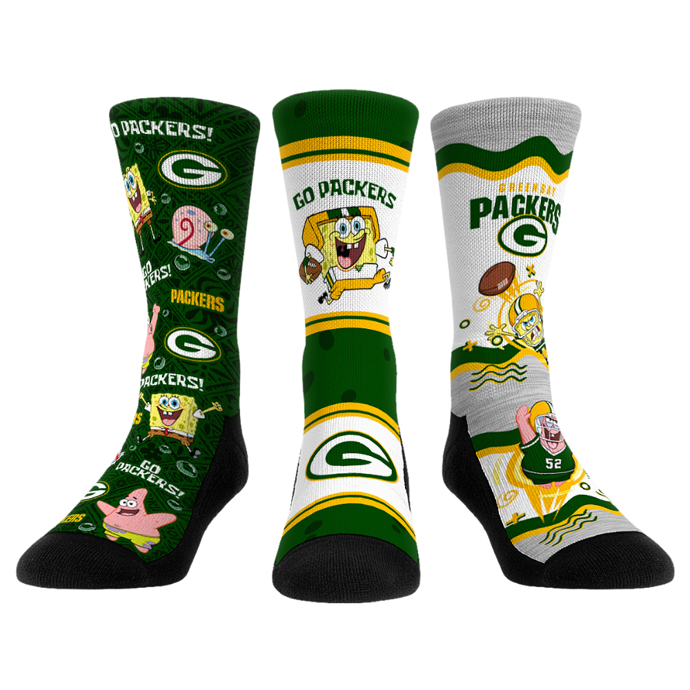 Unisex Rock Em Green Bay Packers x Nickelodeon Spongebob Squarepants 3-Pack Crew Socks Set