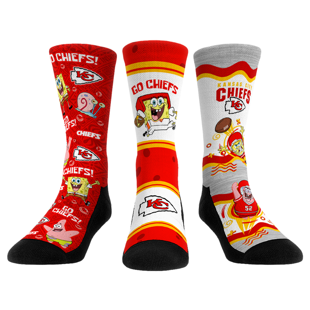 Unisex Rock Em Kansas City Chiefs x Nickelodeon Spongebob Squarepants 3-Pack Crew Socks Set