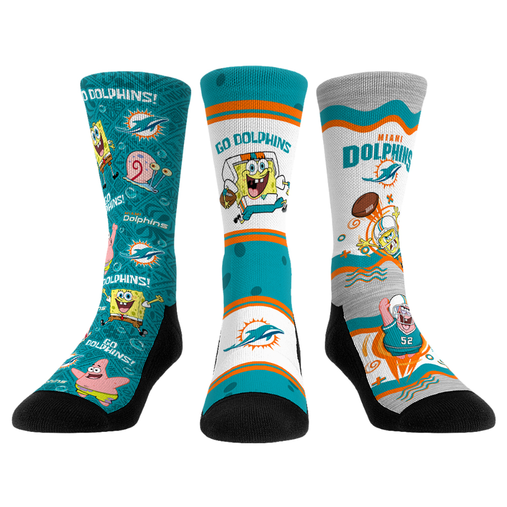 Unisex Rock Em Miami Dolphins x Nickelodeon Spongebob Squarepants 3-Pack Crew Socks Set