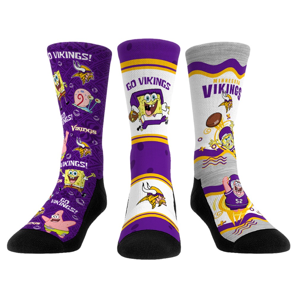 Unisex Rock Em Minnesota Vikings x Nickelodeon Spongebob Squarepants 3-Pack Crew Socks Set