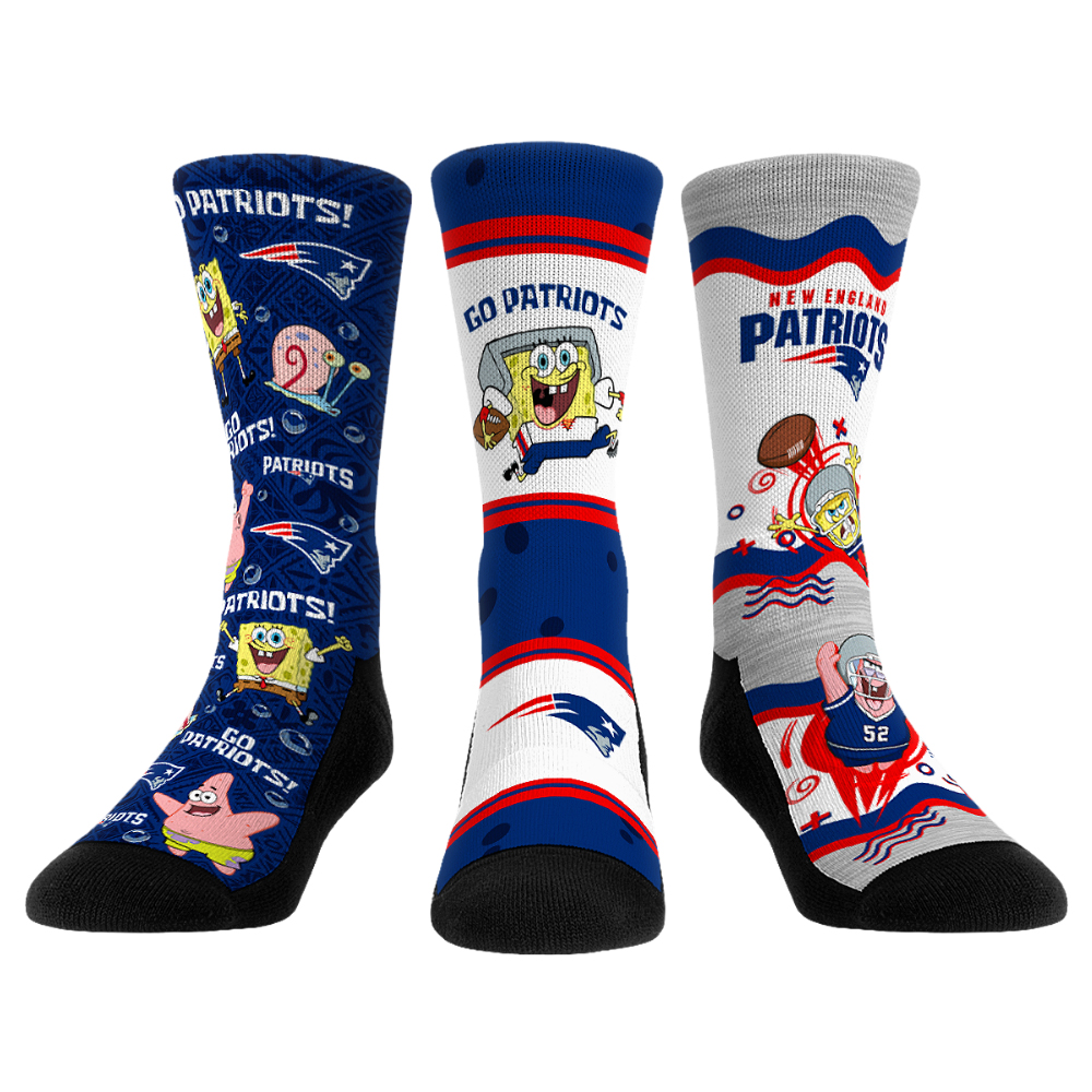 Unisex Rock Em New England Patriots x Nickelodeon Spongebob Squarepants 3-Pack Crew Socks Set