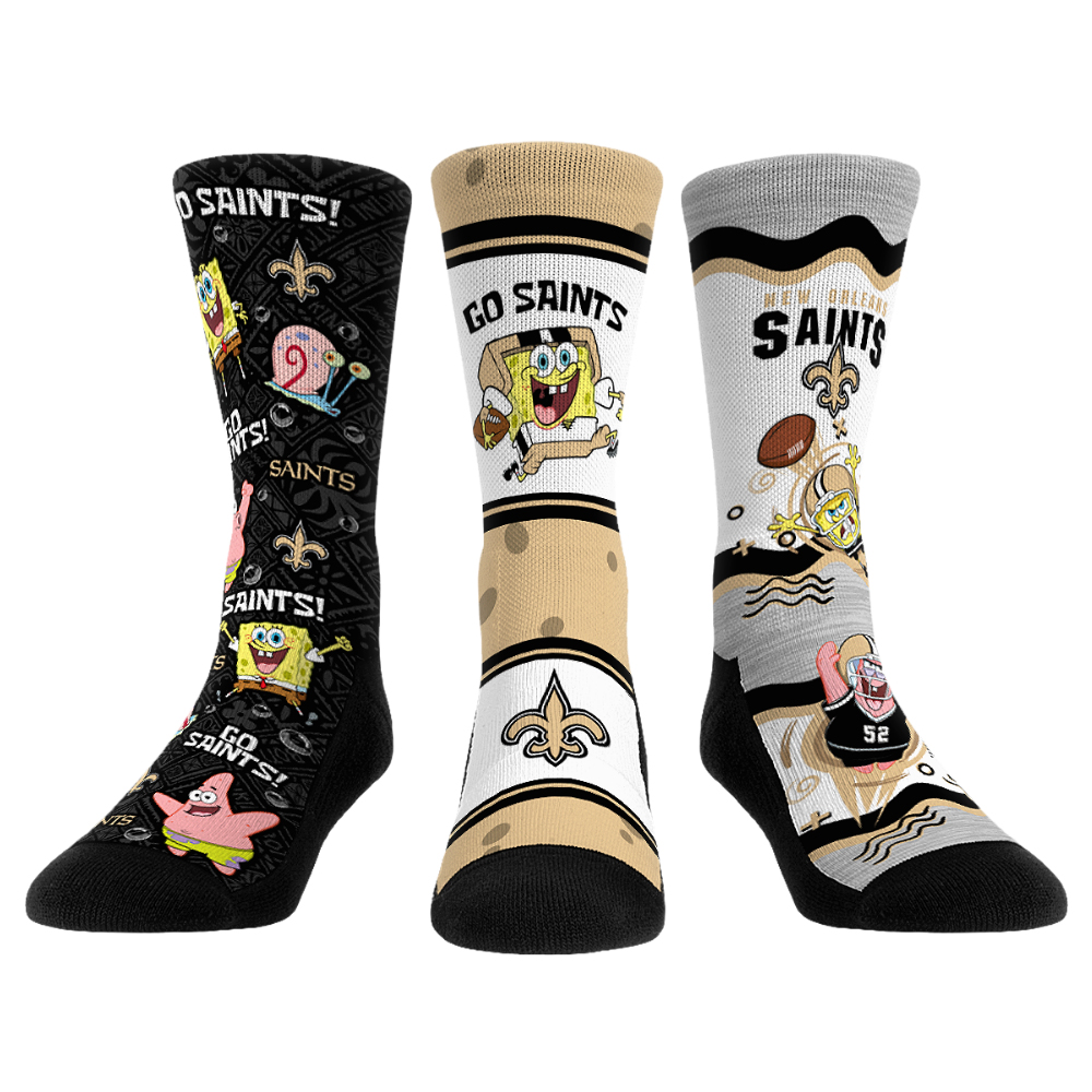 Unisex Rock Em New Orleans Saints x Nickelodeon Spongebob Squarepants 3-Pack Crew Socks Set