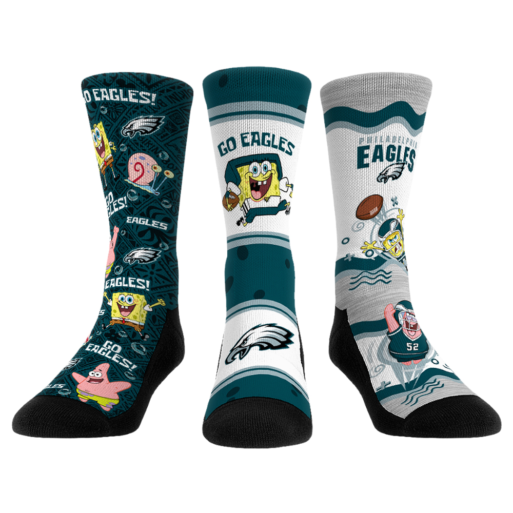 Unisex Rock Em Philadelphia Eagles x Nickelodeon Spongebob Squarepants 3-Pack Crew Socks Set
