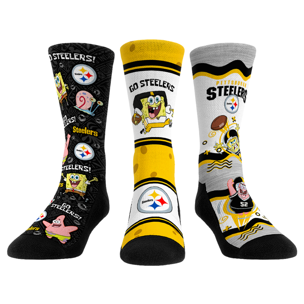 Unisex Rock Em Pittsburgh Steelers x Nickelodeon Spongebob Squarepants 3-Pack Crew Socks Set