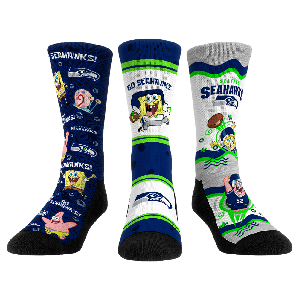 Unisex Rock Em Seattle Seahawks x Nickelodeon Spongebob Squarepants 3-Pack Crew Socks Set