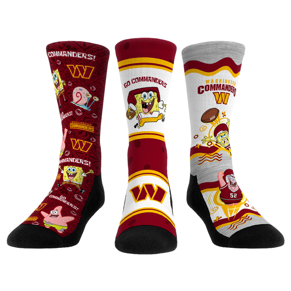 Unisex Rock Em Washington Commanders x Nickelodeon Spongebob Squarepants 3-Pack Crew Socks Set