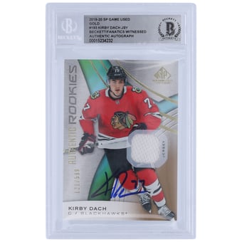 Kirby Dach Chicago Blackhawks Autographed 2019-20 Upper Deck SP Game Used Gold Authentic Rookies Relic #193 #/599 Beckett Fanatics Witnessed Authenticated Rookie Card