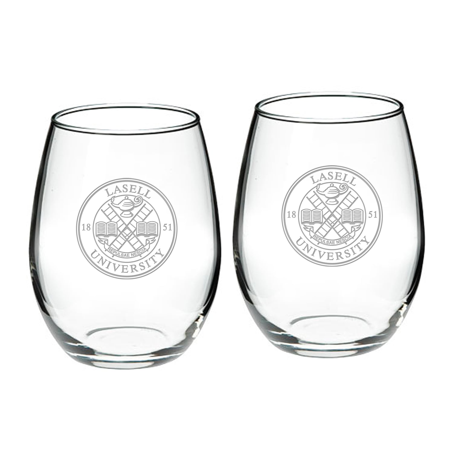 Lasell Lasers Team Design Two-Piece 21oz. Stemless Wine Glass Set