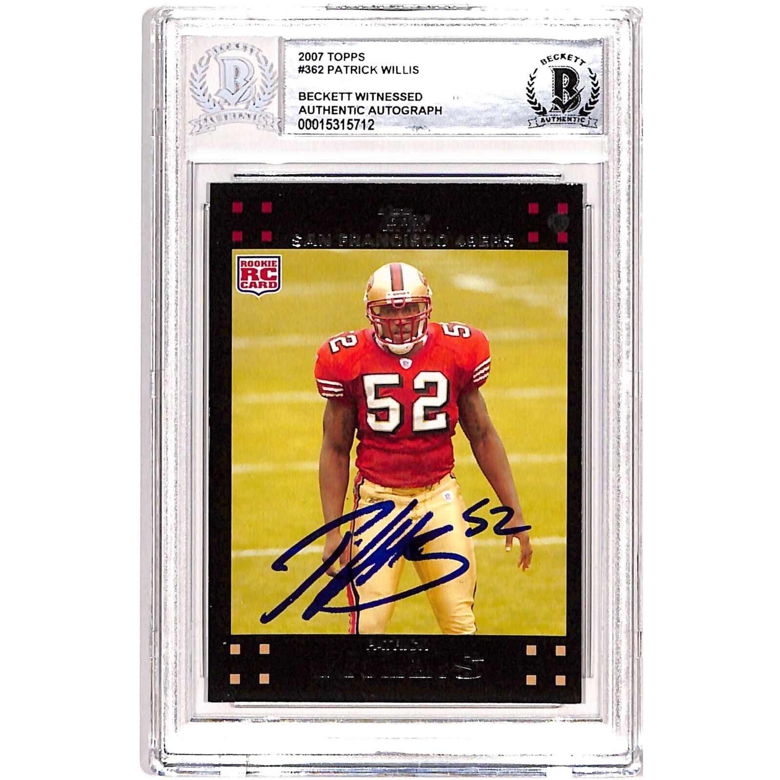 Patrick Willis Autographed/Signed 2007 Topps #362 Card Beckett 38719