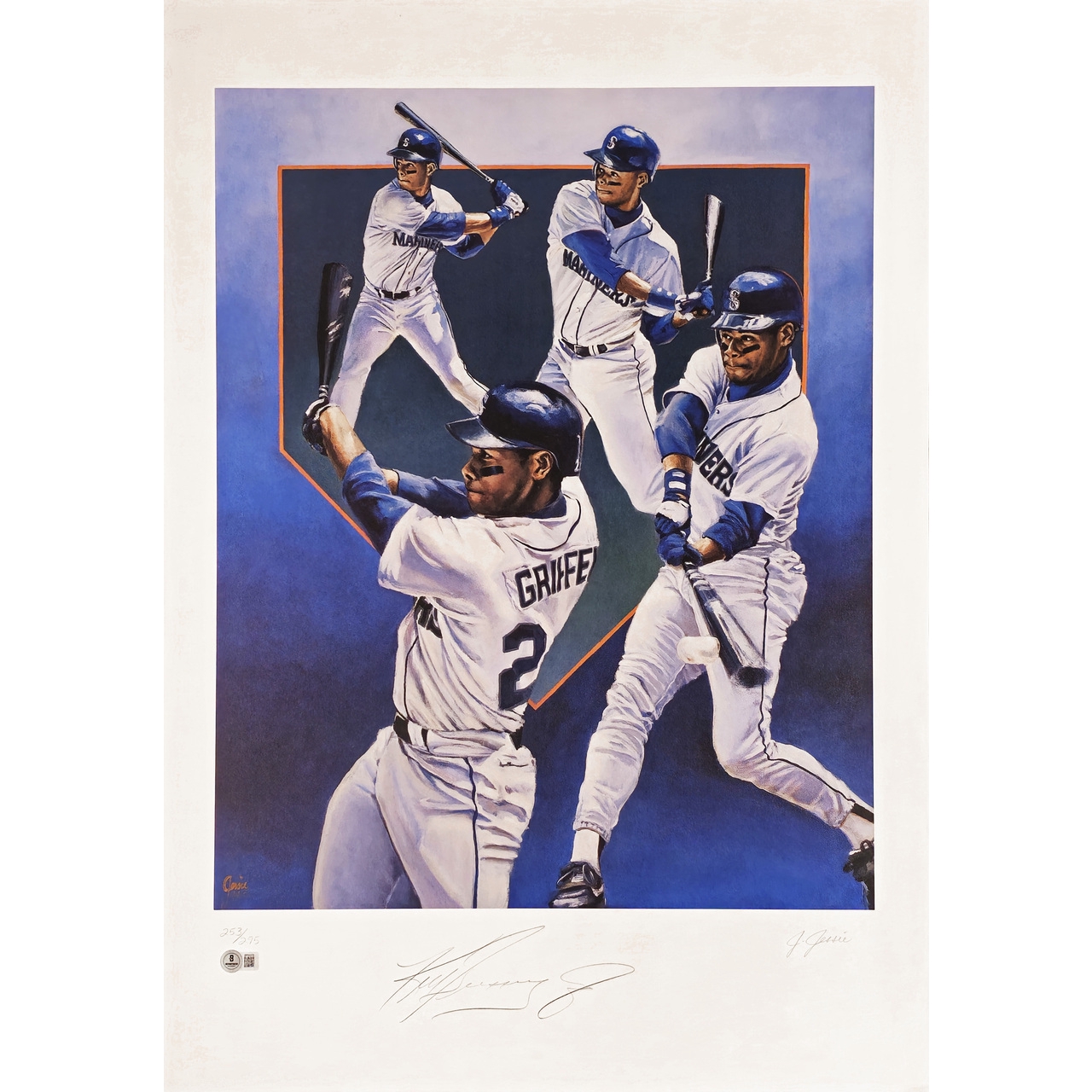 Ken Griffey Jr. Autographed 21x30 Lithograph Photo Seattle Mariners #253/295 Beckett BAS QR #BP55379