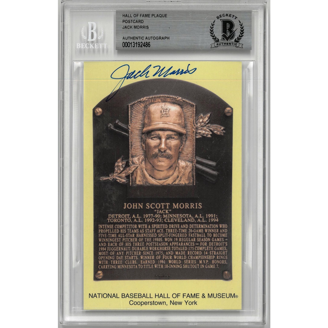 Jack Morris Autographed Hall of Fame Plaque Postcard