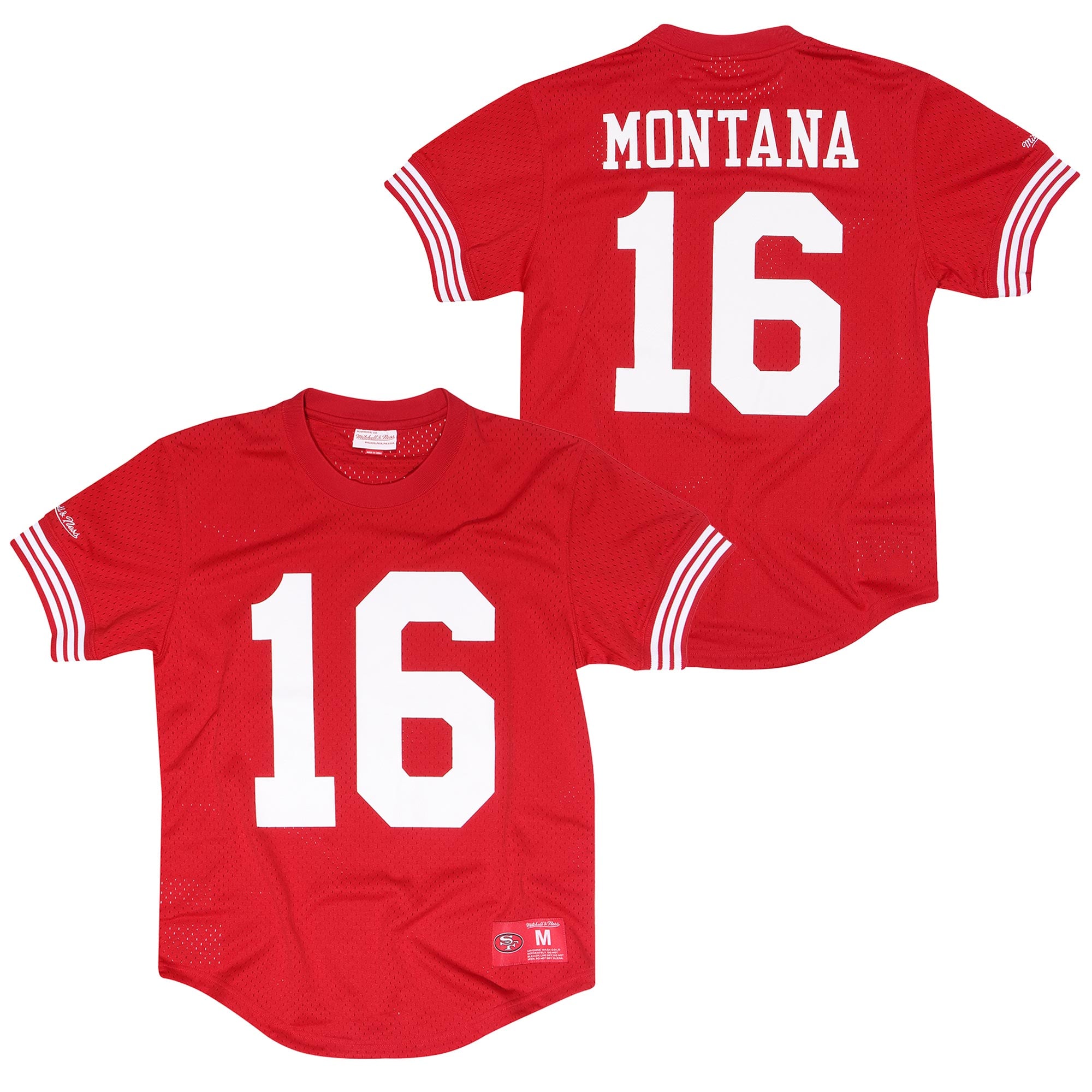 Maglia girocollo da uomo Mitchell & Ness Joe Montana con nome e numero in rete dei San Francisco 49ers