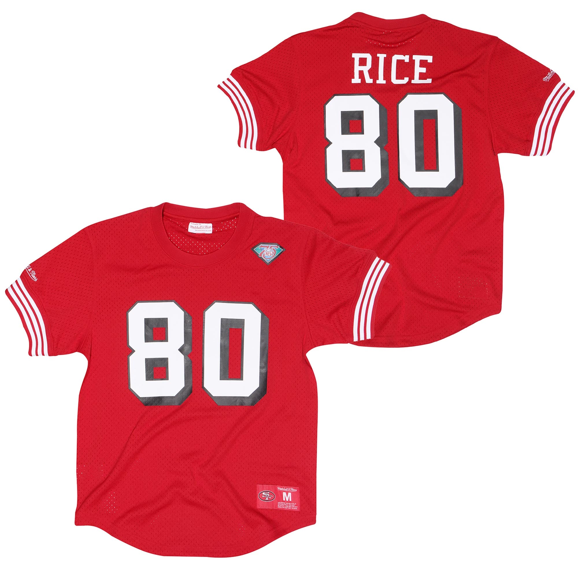 Maglia girocollo da uomo Mitchell & Ness dei San Francisco 49ers con nome e numero di Jerry Rice in rete - San Francisco 49ers