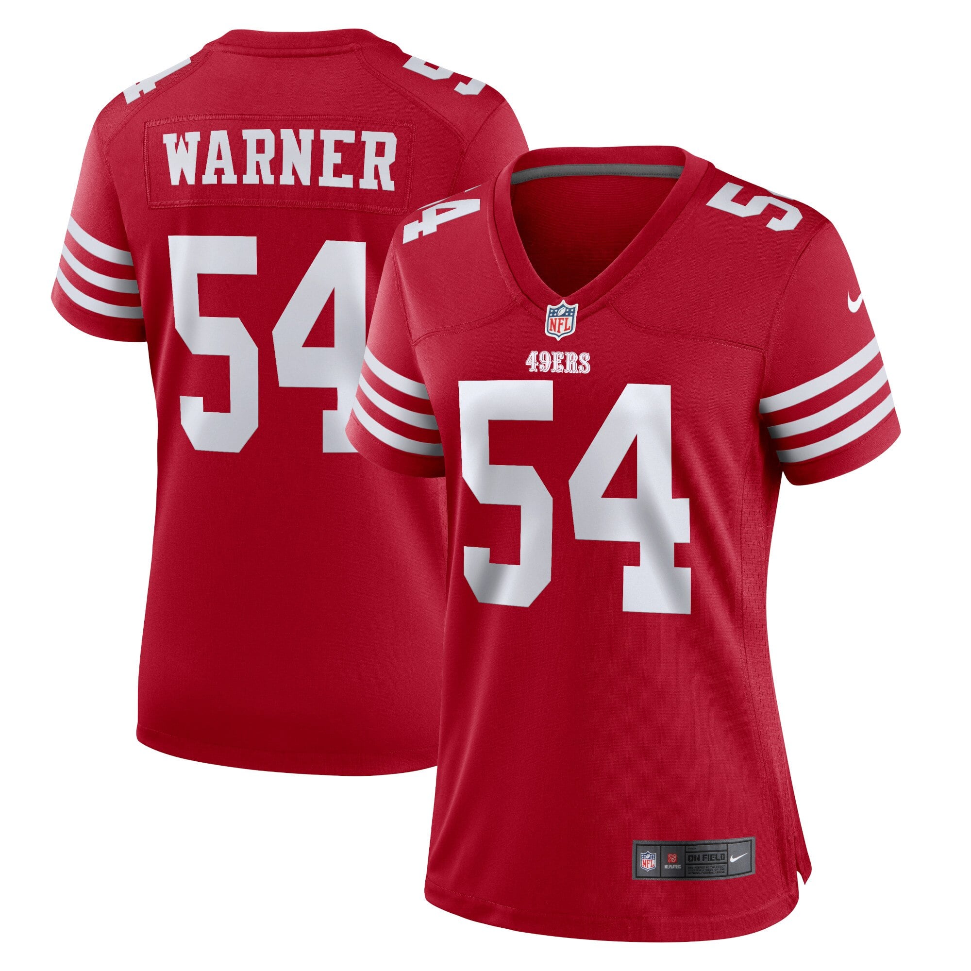 San Francisco 49ers Nike Game Home Jersey - Scarlet - Fred Warner - Womens: retailer-supplied image
