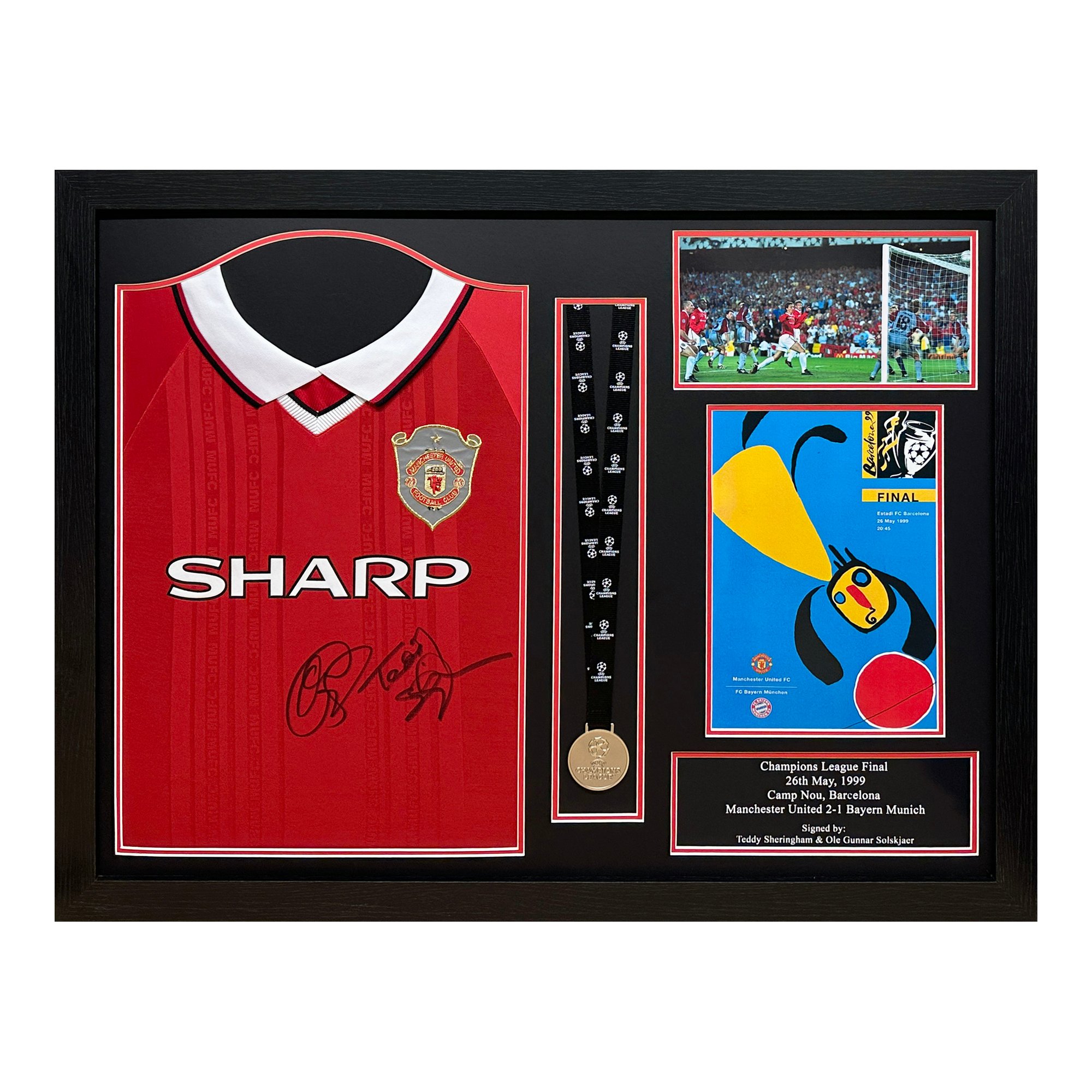 Maglia firmata Soslkjaer e Sheringham del 1999 con medaglia - Incorniciato