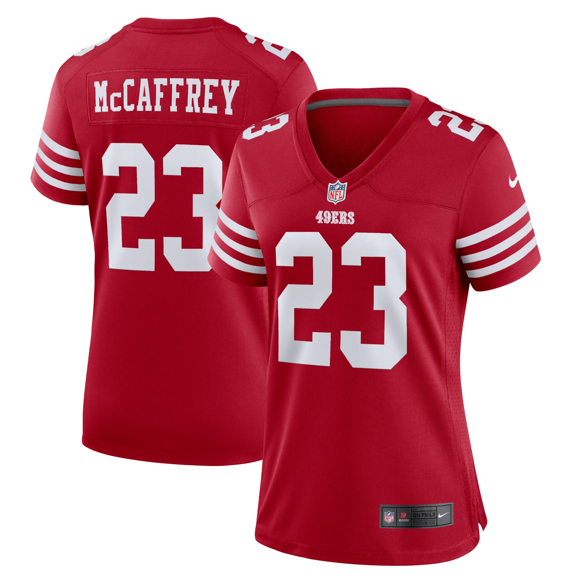 Maillot Domicile San Francisco 49ers Nike Game - Écarlate - Christian McCaffrey - Femme: retailer-supplied image