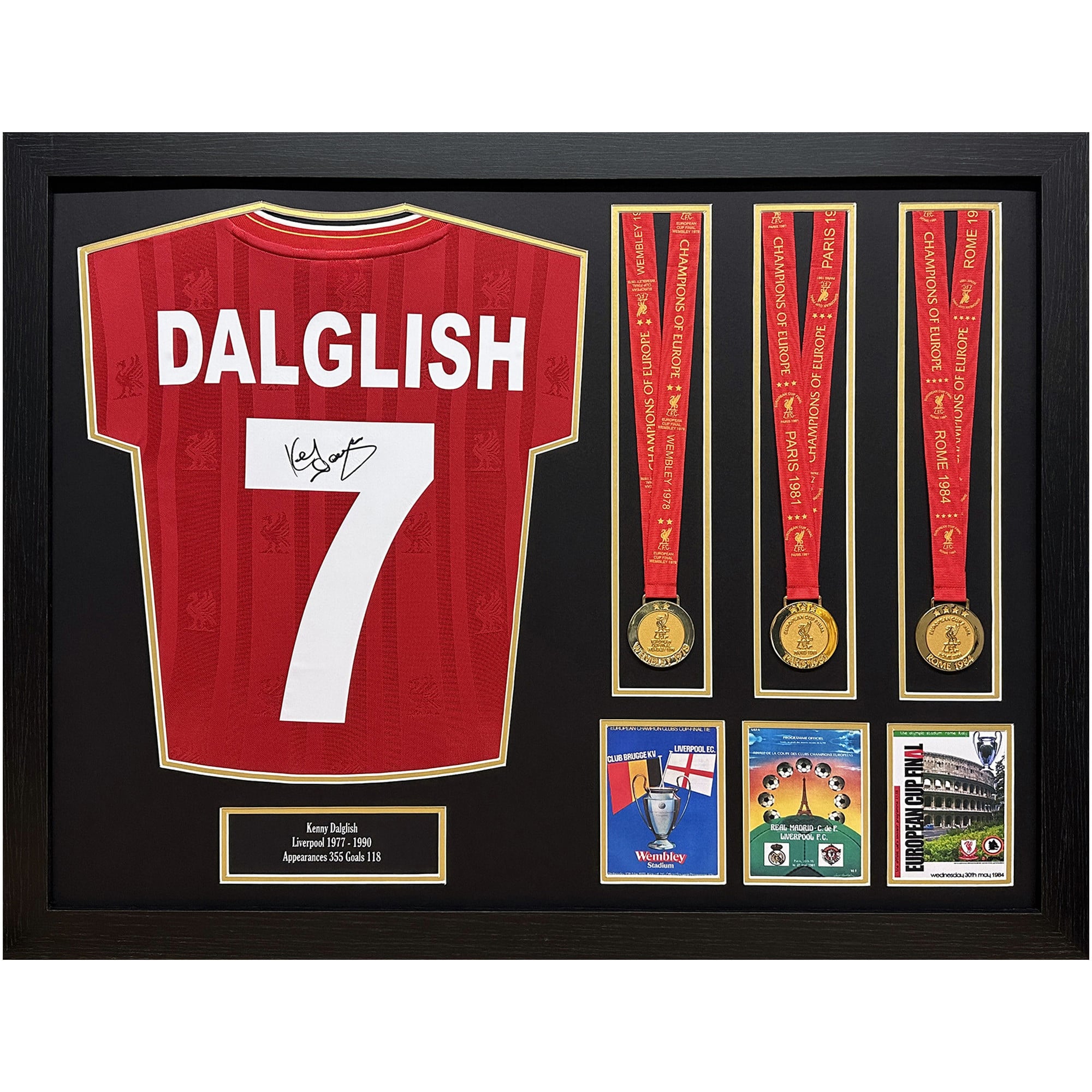 Maglia retrò del Liverpool autografata da Kenny Dalglish con tripla medaglia della Champions League - Incorniciata
