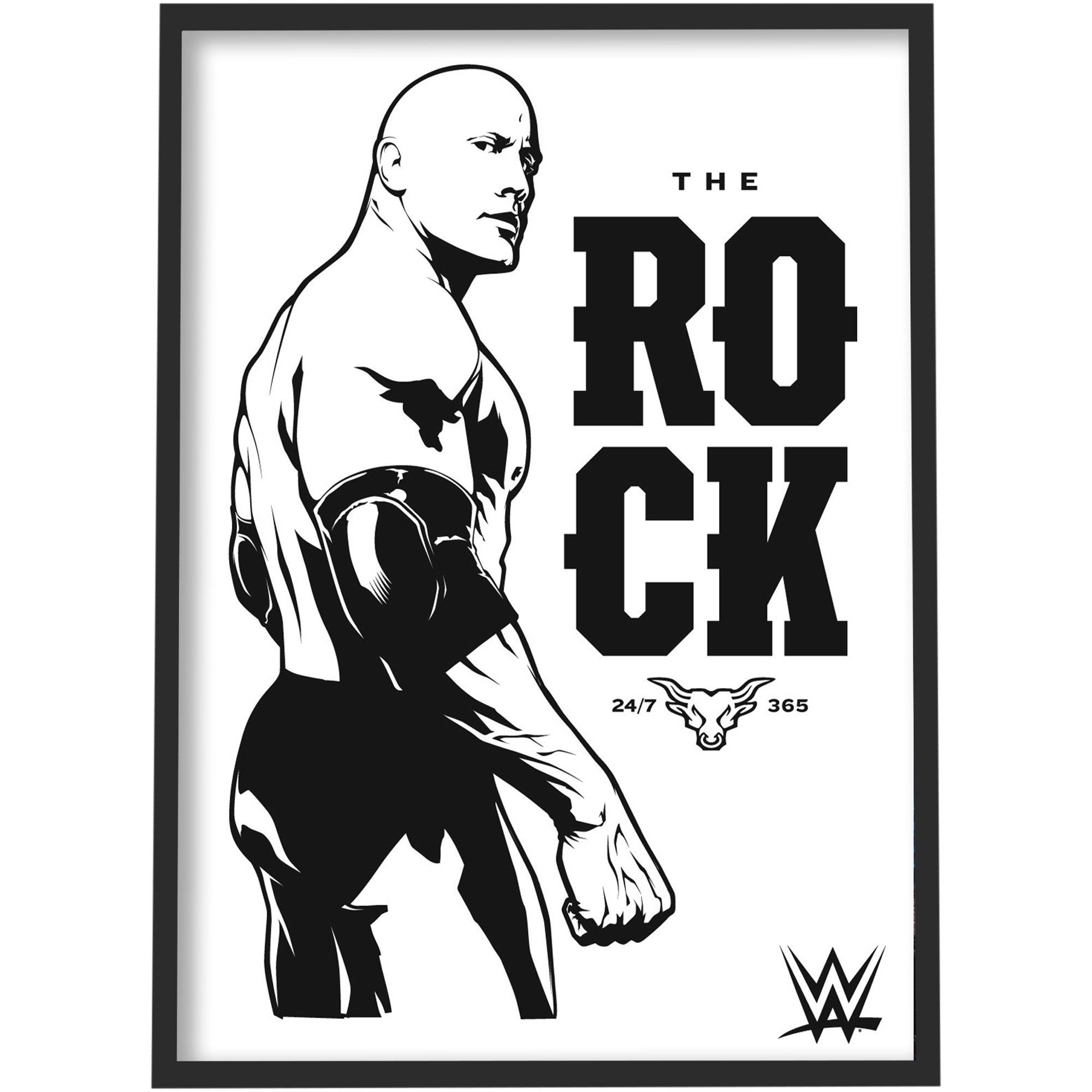 Poster grafico WWE The Rock in bianco e nero - A3 incorniciato